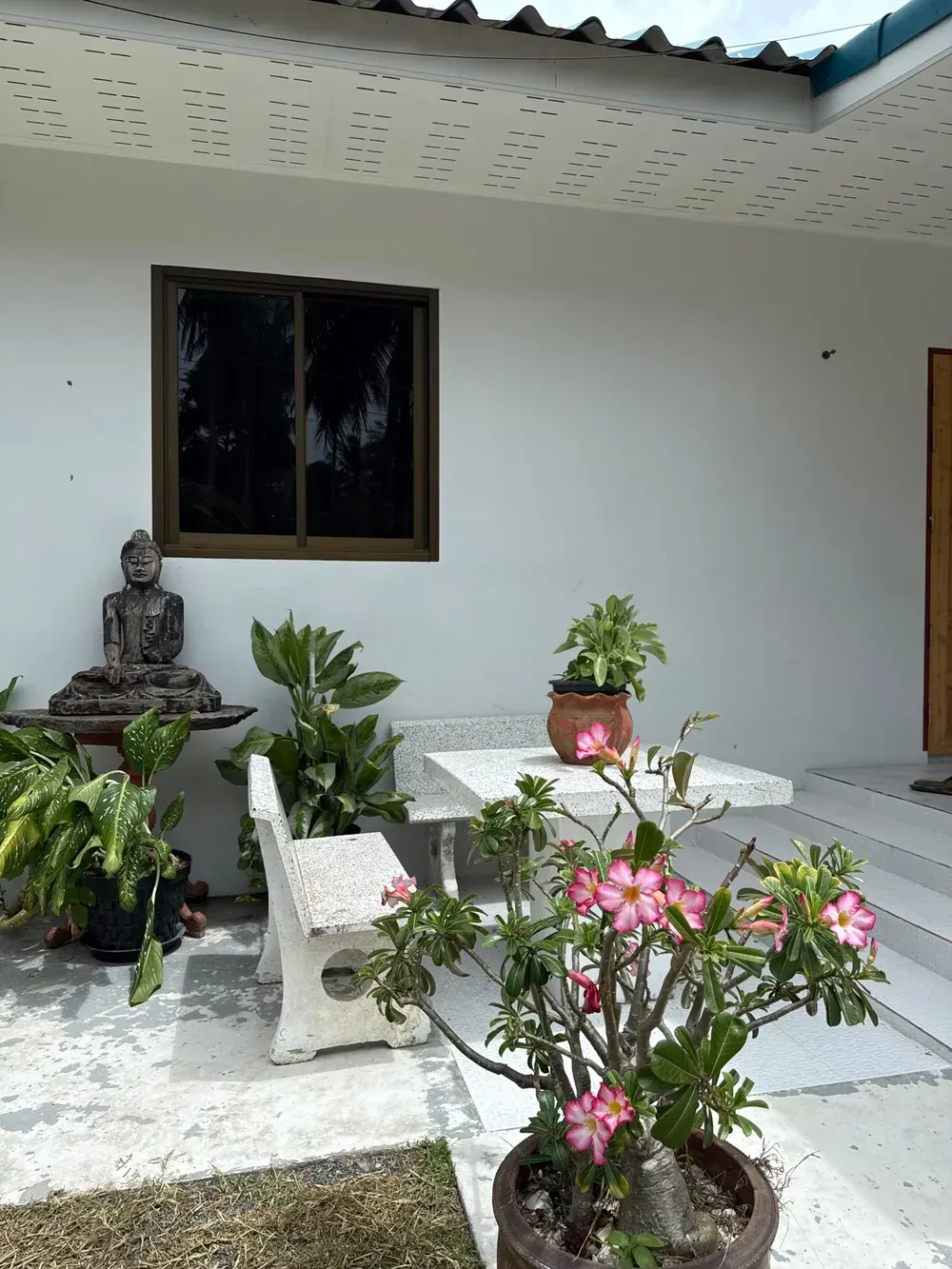 The guesthouse patio with a stone table, potted plants and a Buddha statue